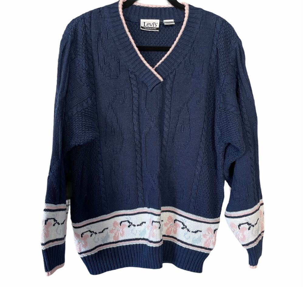 Vintage Levis Travelers Floral Cable Knit Pullover Womens Grandma Sweater Medium